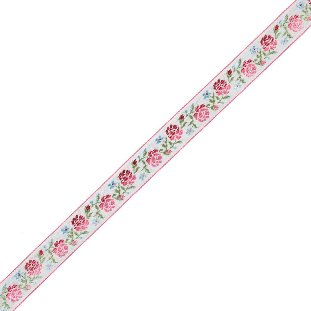 German Pink and Green Floral Jacquard Ribbon - 0.875"
