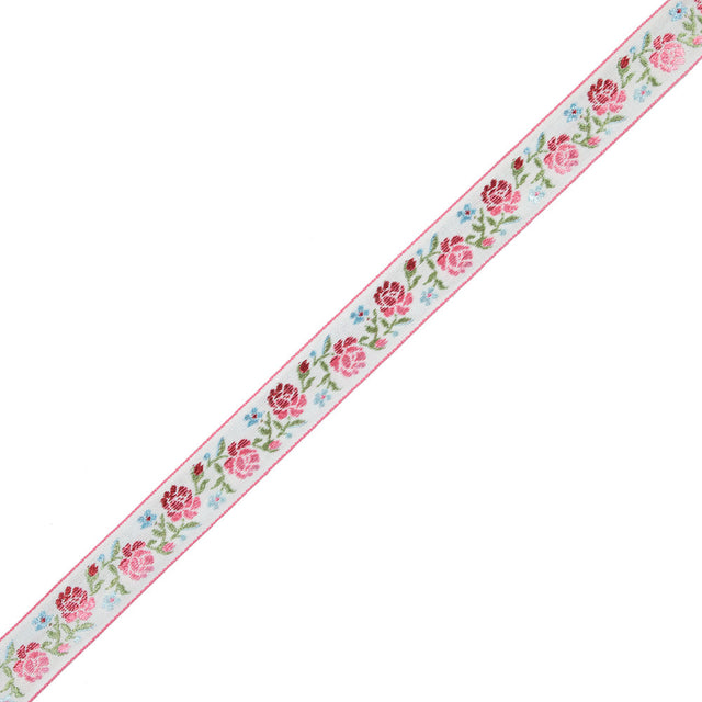 German Pink and Green Floral Jacquard Ribbon - 0.875"