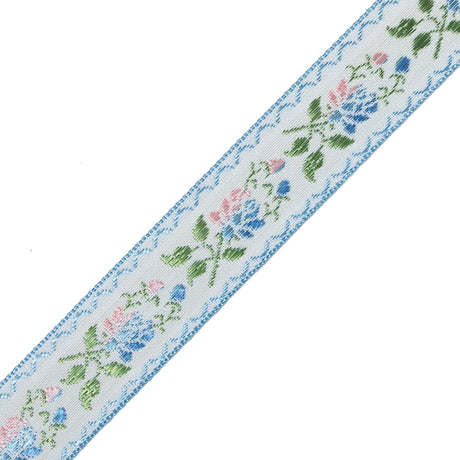 Blue, Green and Pink Floral German Jacquard Ribbon - 0.875"