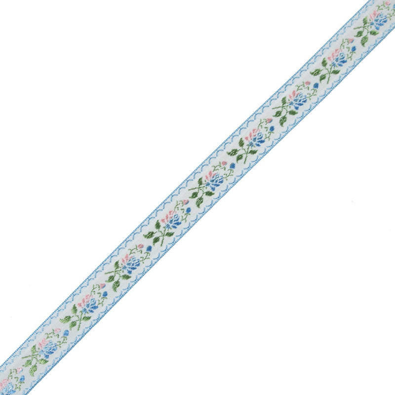 Blue, Green and Pink Floral German Jacquard Ribbon - 0.875"