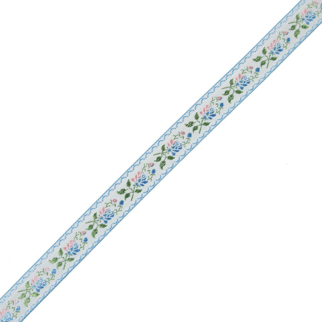 Blue, Green and Pink Floral German Jacquard Ribbon - 0.875"