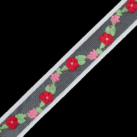 Red Floral Embroidered Tulle Ribbon - 1"