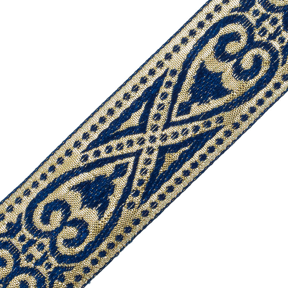 Blue and Metallic Gold Heart Jacquard Ribbon - 1.5"