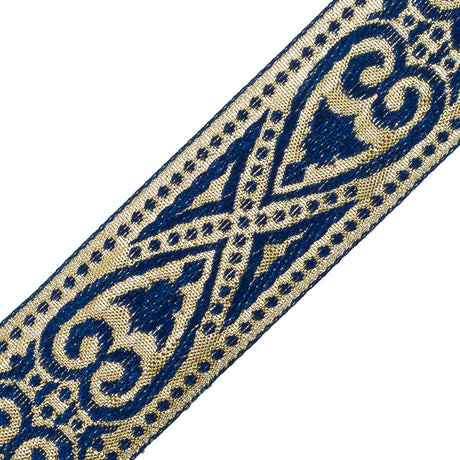 Blue and Metallic Gold Heart Jacquard Ribbon - 1.5"