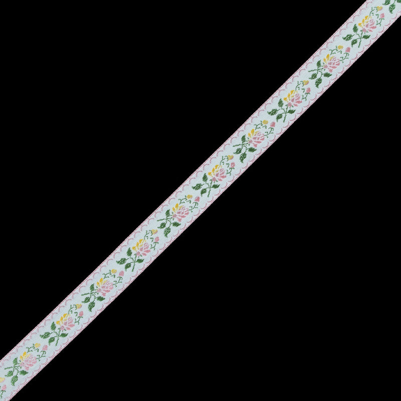 German Pink and Yellow Floral Jacquard Ribbon - 0.875"
