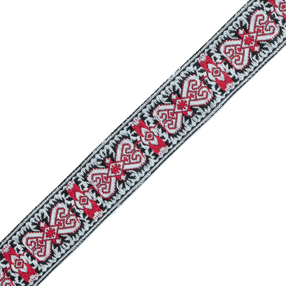 Red and White Geometric German Jacquard Ribbon - 1"