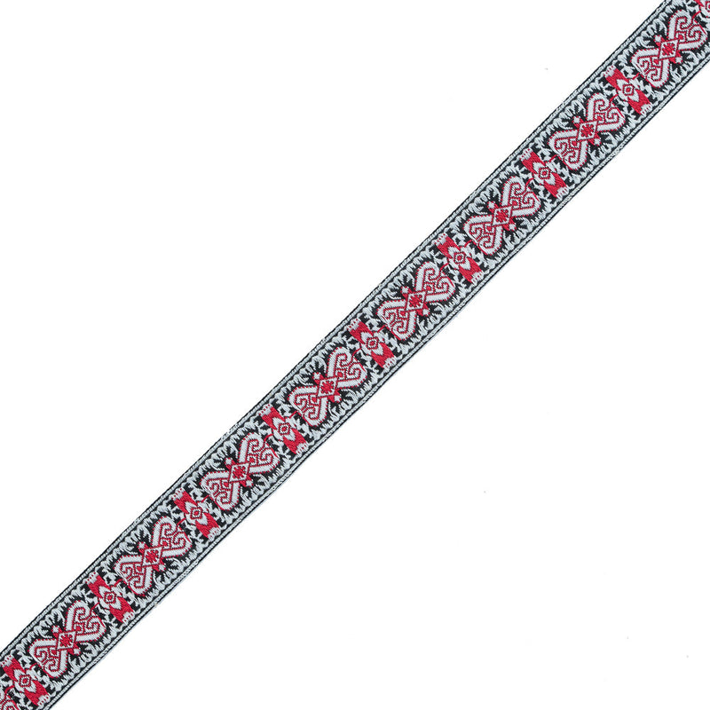 Red and White Geometric German Jacquard Ribbon - 1"