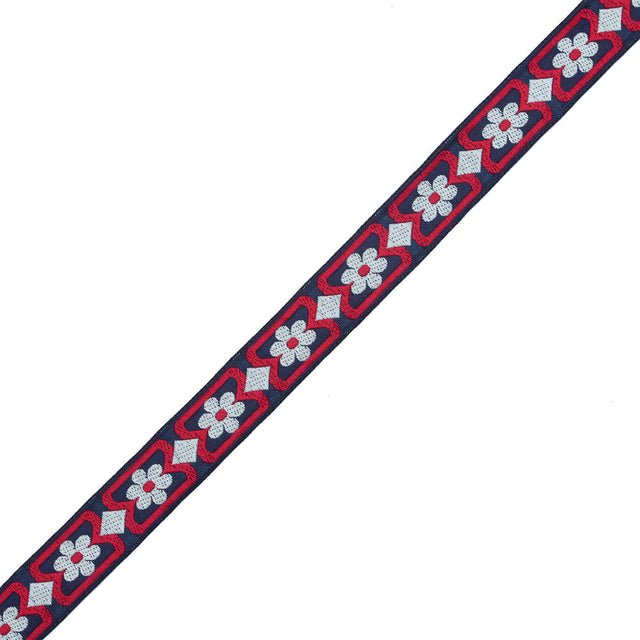 Red, White and Blue Floral German Jacquard Ribbon - 1"