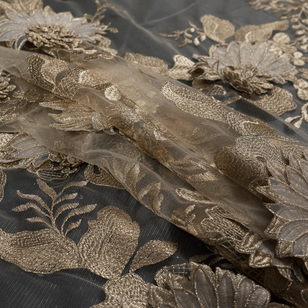 Metallic Gold 3D Floral Embroidered Mesh