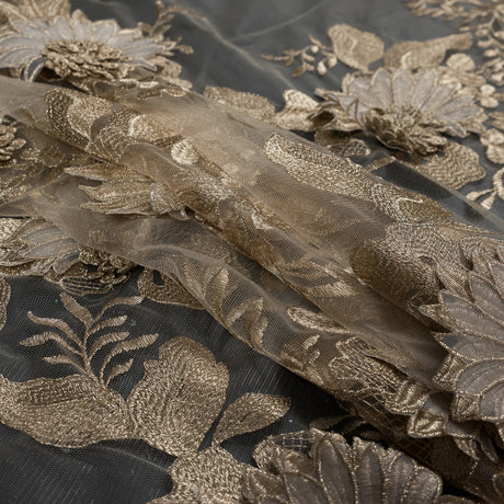 Metallic Gold 3D Floral Embroidered Mesh