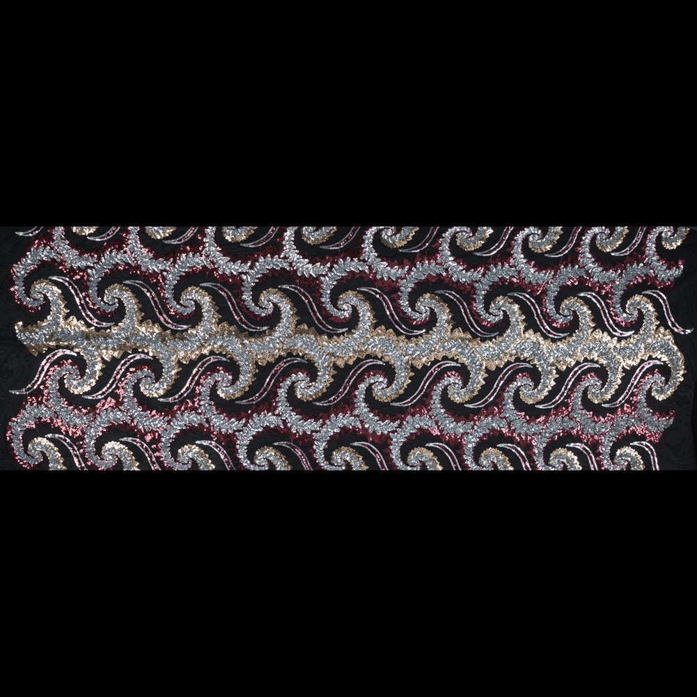 Netting with Sequins - Red, Silver and Gold Paisleys on Black
