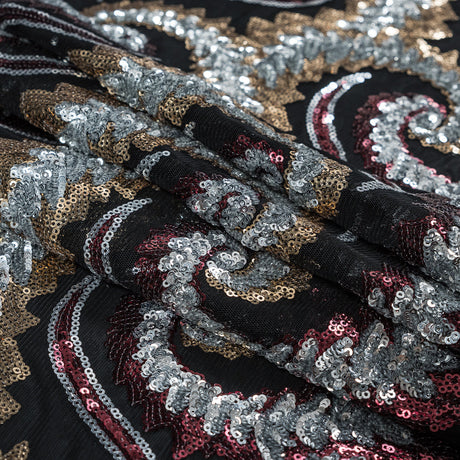 Netting with Sequins - Red, Silver and Gold Paisleys on Black