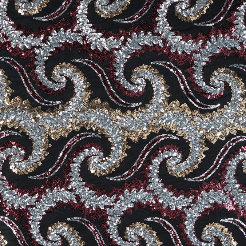 Netting with Sequins - Red, Silver and Gold Paisleys on Black