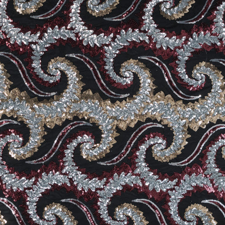 Netting with Sequins - Red, Silver and Gold Paisleys on Black