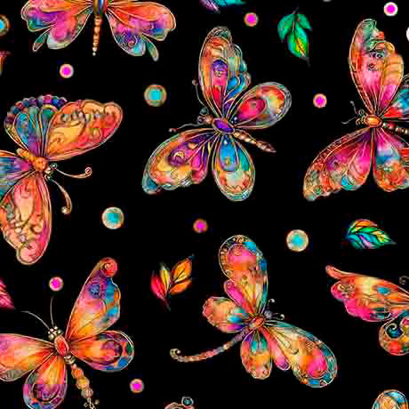 Cotton Print Fluttering Gardens Butterflies Black 44/45 Fabric