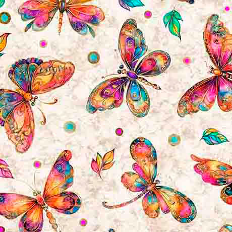 Cotton Print Fluttering Gardens Butterflies Oatmeal 44/45 Fabric Per Yard
