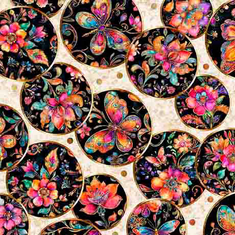 Cotton Print Fluttering Gardens Butterfly Medallion Oatmeal Fabric 44/45