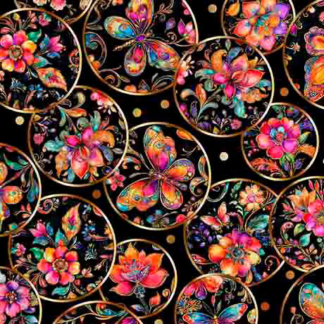 Cotton Print Butterfly Medallion Black Fabric 44/45"