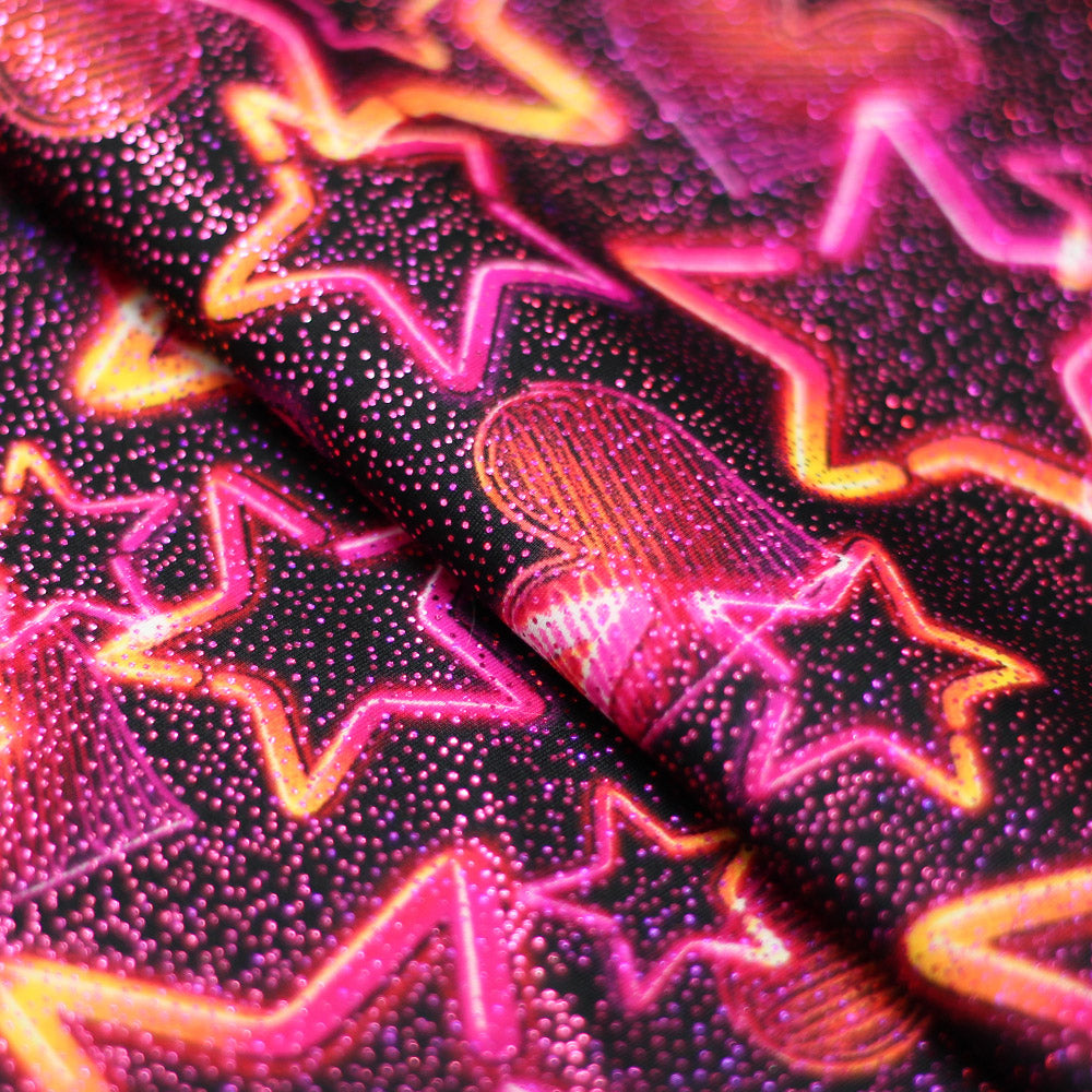 Vegas Nights Nylon Spandex Fabric - Black With Neon Stars And Hearts, 58/60" Width (1 Yard)