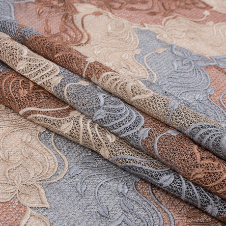 Guipure Lace - Copper, Gray and Cream Tri-Color Floral Chevrons