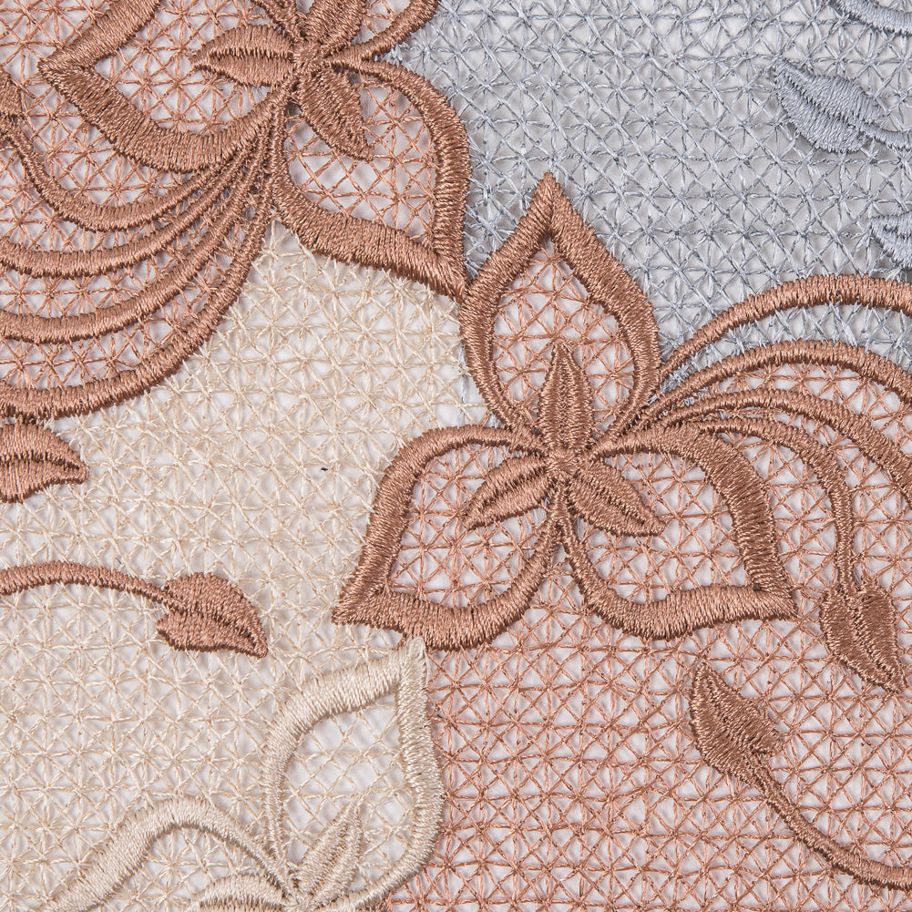 Guipure Lace - Copper, Gray and Cream Tri-Color Floral Chevrons