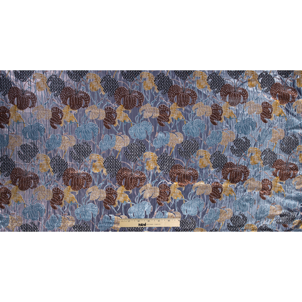 Floral Burnout Velvet with Metallic Silver Stripes - Blue, Yellow and Burgundy