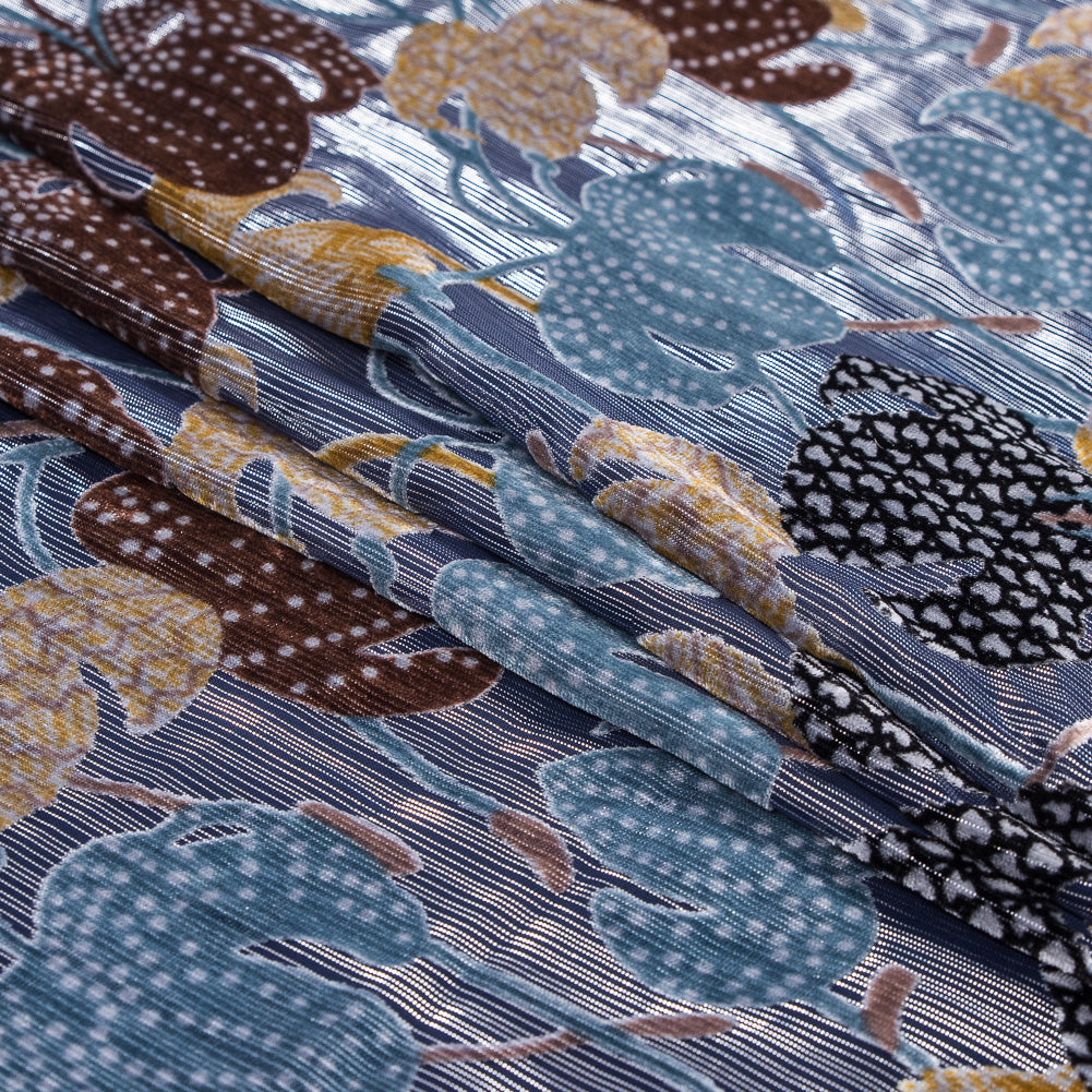 Floral Burnout Velvet with Metallic Silver Stripes - Blue, Yellow and Burgundy
