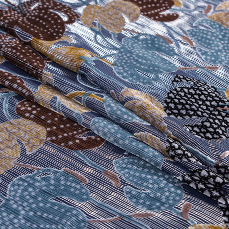Floral Burnout Velvet with Metallic Silver Stripes - Blue, Yellow and Burgundy