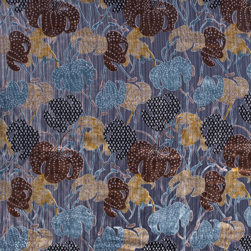 Floral Burnout Velvet with Metallic Silver Stripes - Blue, Yellow and Burgundy