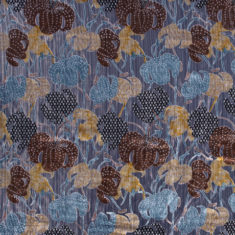 Floral Burnout Velvet with Metallic Silver Stripes - Blue, Yellow and Burgundy