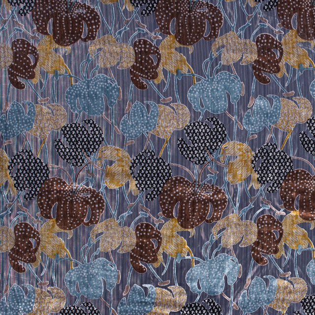 Floral Burnout Velvet with Metallic Silver Stripes - Blue, Yellow and Burgundy
