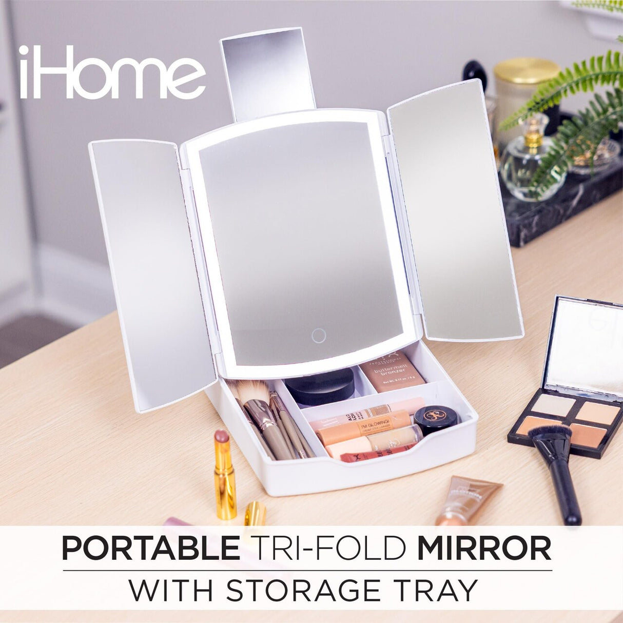 iHome iCVS30 Portable Tri-Fold Lighted Vanity Mirror with Makeup Organizer – Three Color Light Modes
