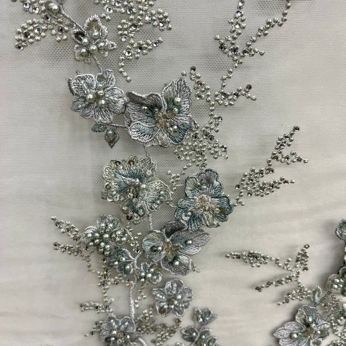 Beaded 3D Floral Multitone Lace Fabric - Sage, 56" Width (1 Yard)