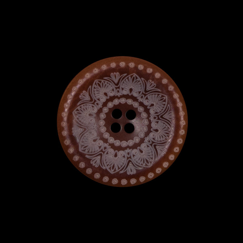 Italian Brown and White Etched Plastic Button - 35L/22mm