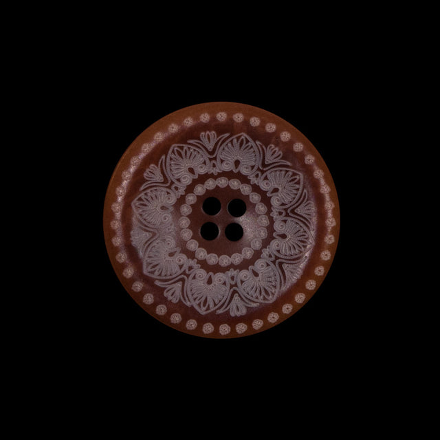 Italian Brown and White Etched Plastic Button - 35L/22mm