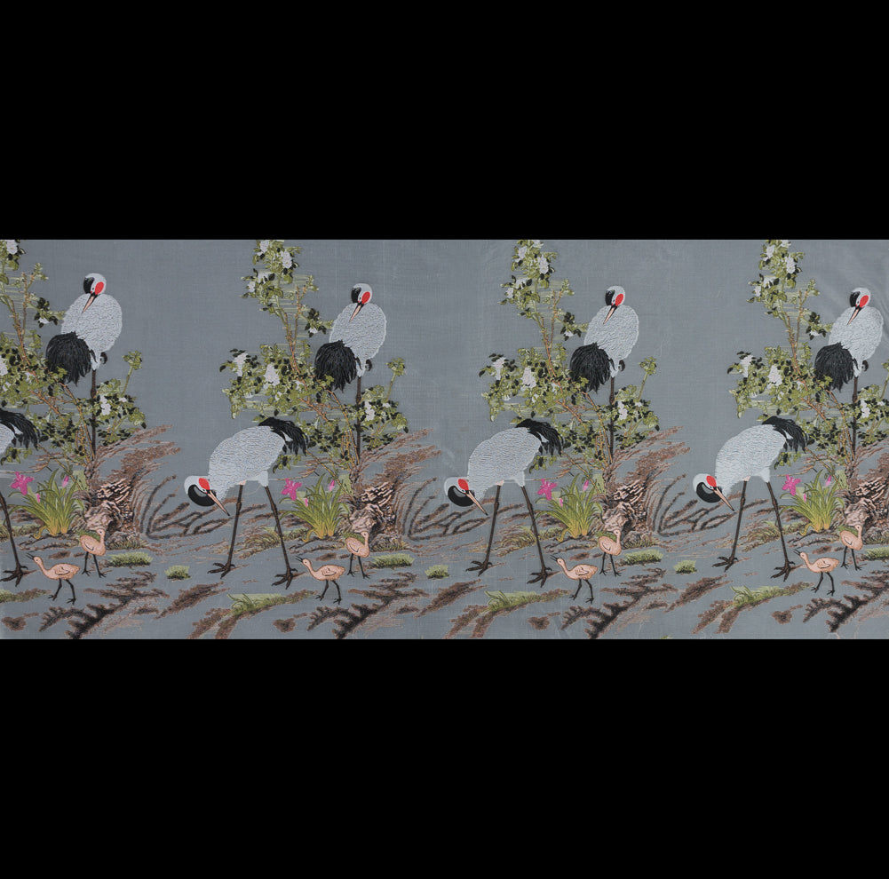 White and Green Asian-Influenced Burnout with Cranes and Branches