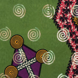 Purple and Green Waxed Cotton African Print with Inlaid Pattern and Metallic Ombre Spiral Foil