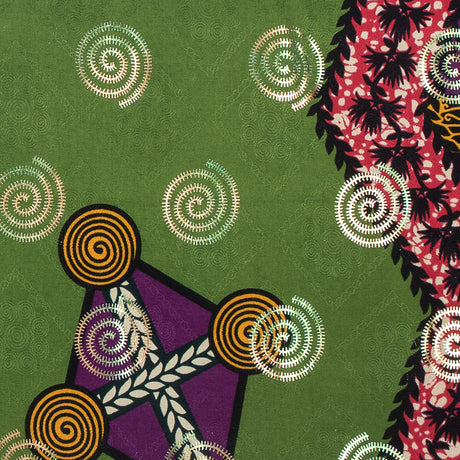 Purple and Green Waxed Cotton African Print with Inlaid Pattern and Metallic Ombre Spiral Foil