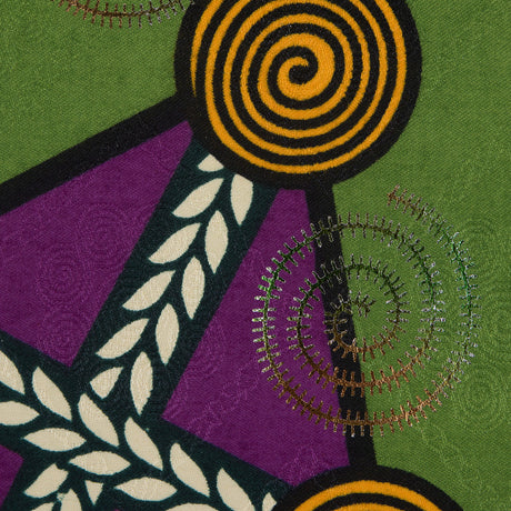 Purple and Green Waxed Cotton African Print with Inlaid Pattern and Metallic Ombre Spiral Foil