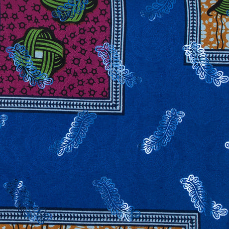Bright Blue Waxed Cotton African Print with Inlaid Pattern and Metallic Blue Leafy Foil