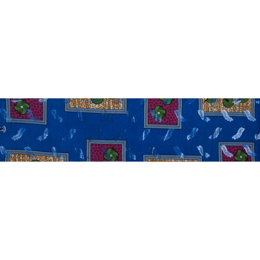Bright Blue Waxed Cotton African Print with Inlaid Pattern and Metallic Blue Leafy Foil