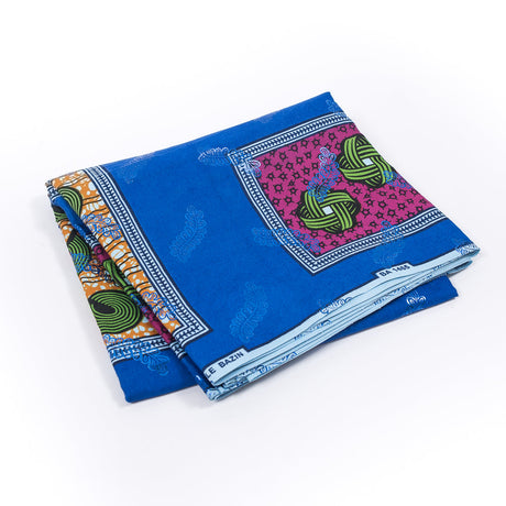 Bright Blue Waxed Cotton African Print with Inlaid Pattern and Metallic Blue Leafy Foil