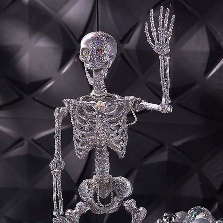 Hanging Silver Skeleton Halloween Decoration Encrusted with Multicolor Jewelry 35 1/2 Inch