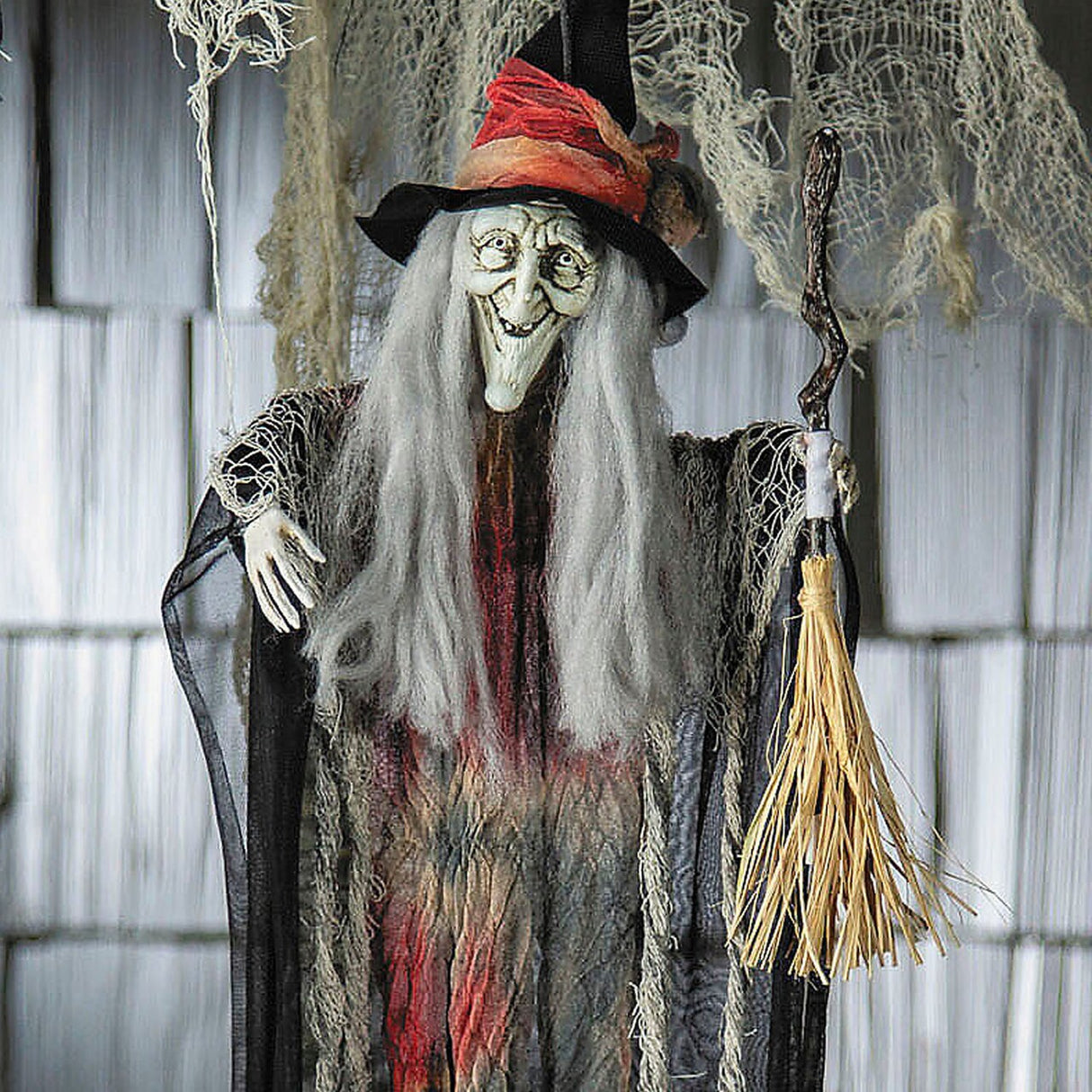 27 1/2" Hanging Witch with Hat and Broom Halloween Decoration