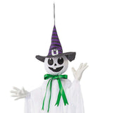 39 1/4" Animated Hanging Smiling Ghost with Witch Hat and Green Bow Halloween Decoration