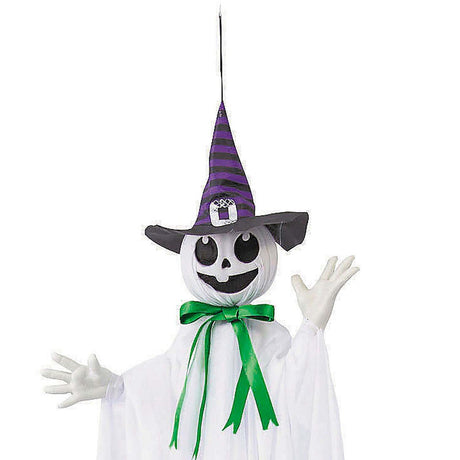 39 1/4" Animated Hanging Smiling Ghost with Witch Hat and Green Bow Halloween Decoration