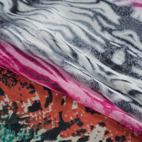 Green, Pink and White Python and Zebra Printed Silk Chiffon