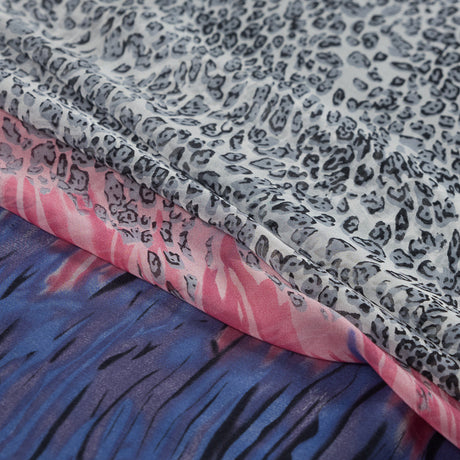Cool Gray, Yellow, Blue and Pink Cheetah Printed Silk Chiffon