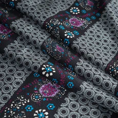 Gray and Purple Floral and Geometric Striped Silk Charmeuse