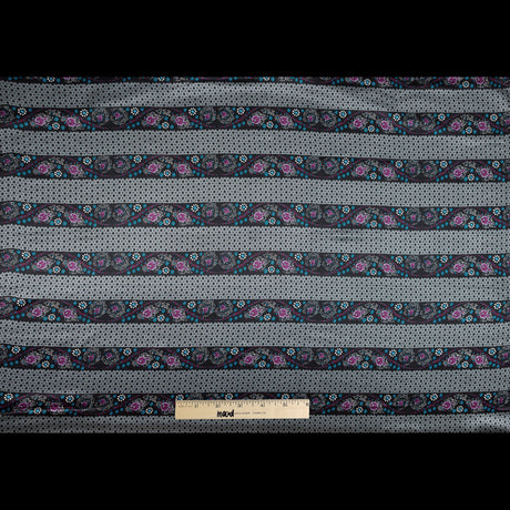 Gray and Purple Floral and Geometric Striped Silk Charmeuse